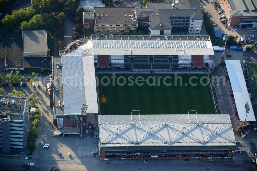 Hamburg from the bird's eye view: View of the Hamburg Millerntor Stadium / St. Pauli stadium. The stadium is home to the first and 2 Soccer team of FC St. Pauli