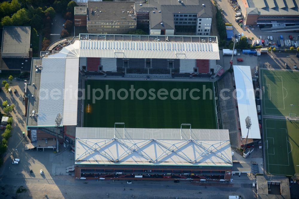 Aerial image Hamburg - View of the Hamburg Millerntor Stadium / St. Pauli stadium. The stadium is home to the first and 2 Soccer team of FC St. Pauli