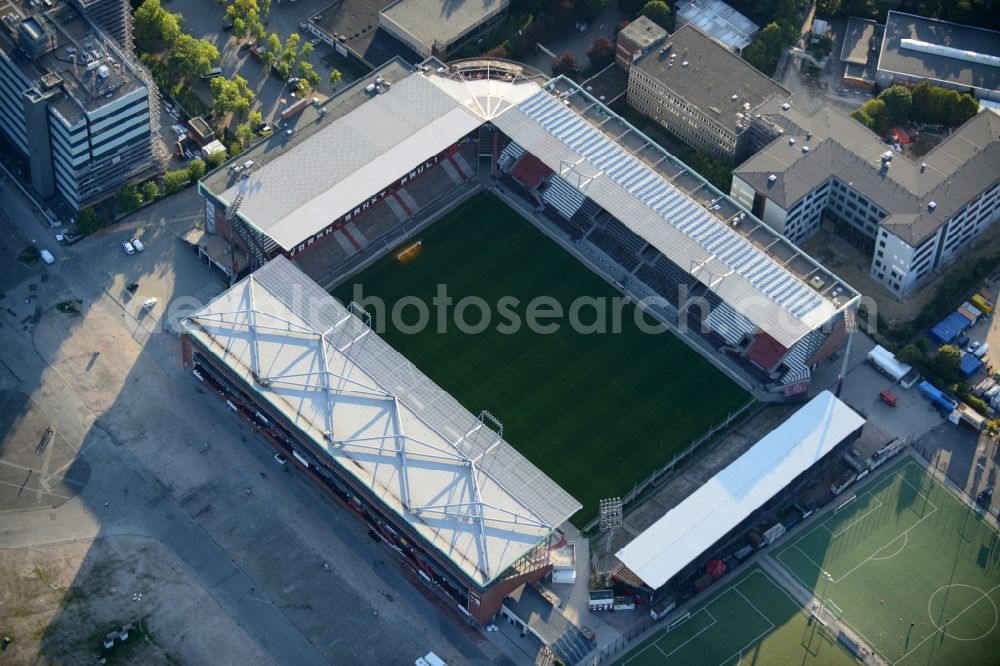 Aerial photograph Hamburg - View of the Hamburg Millerntor Stadium / St. Pauli stadium. The stadium is home to the first and 2 Soccer team of FC St. Pauli