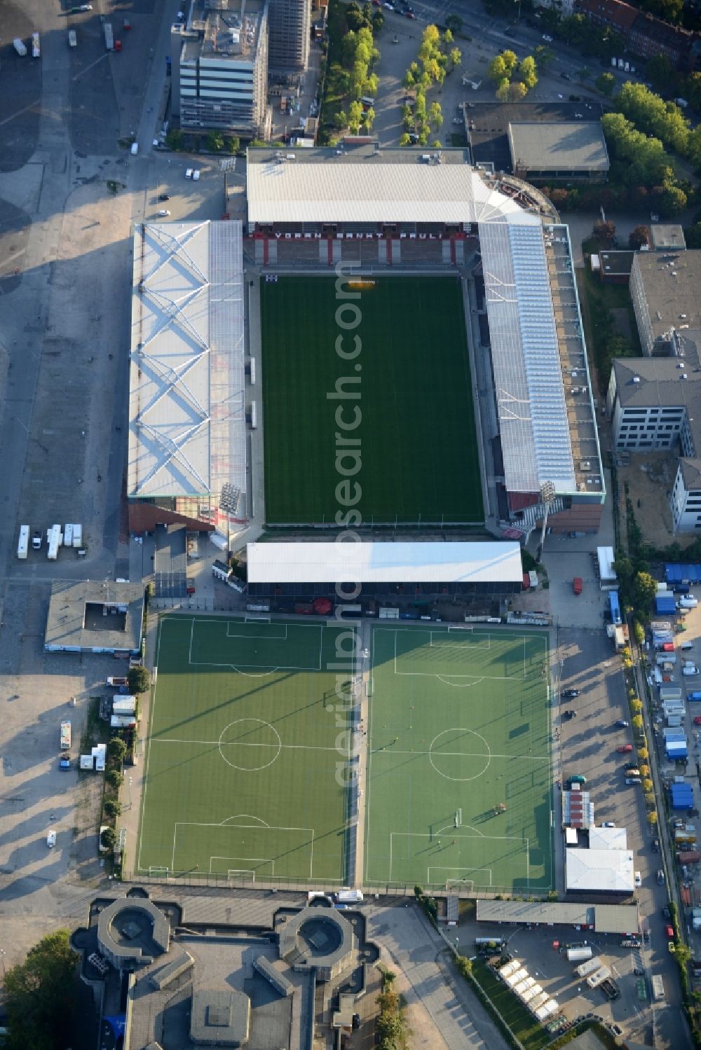 Hamburg from above - View of the Hamburg Millerntor Stadium / St. Pauli stadium. The stadium is home to the first and 2 Soccer team of FC St. Pauli