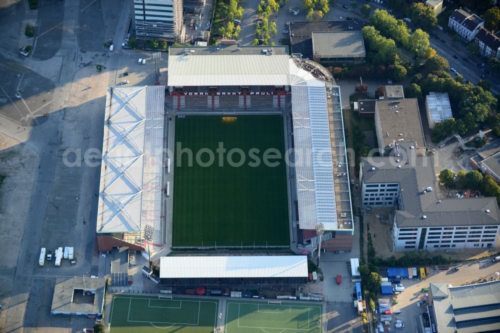 Hamburg from the bird's eye view: View of the Hamburg Millerntor Stadium / St. Pauli stadium. The stadium is home to the first and 2 Soccer team of FC St. Pauli