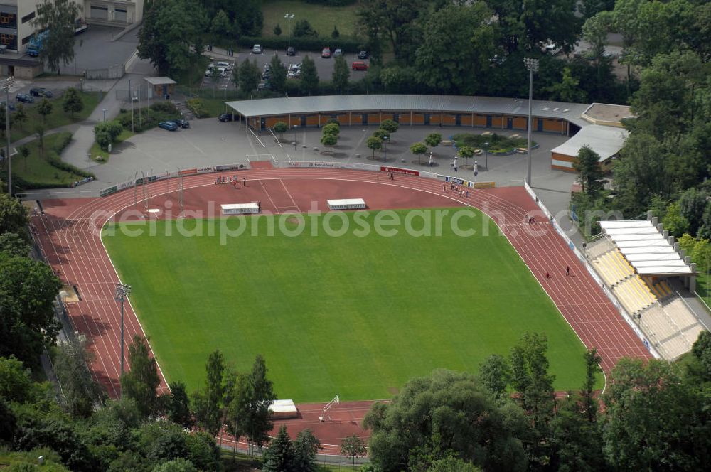 Bautzen from above - Blick auf das Stadion Müllerwiese des FSV Budissa Bautzen e.V. Kontakt: Stadion Müllerwiese, Humboldtstraße 10, 02625 Bautzen, Tel. 0 35 91 / 30 45 35.