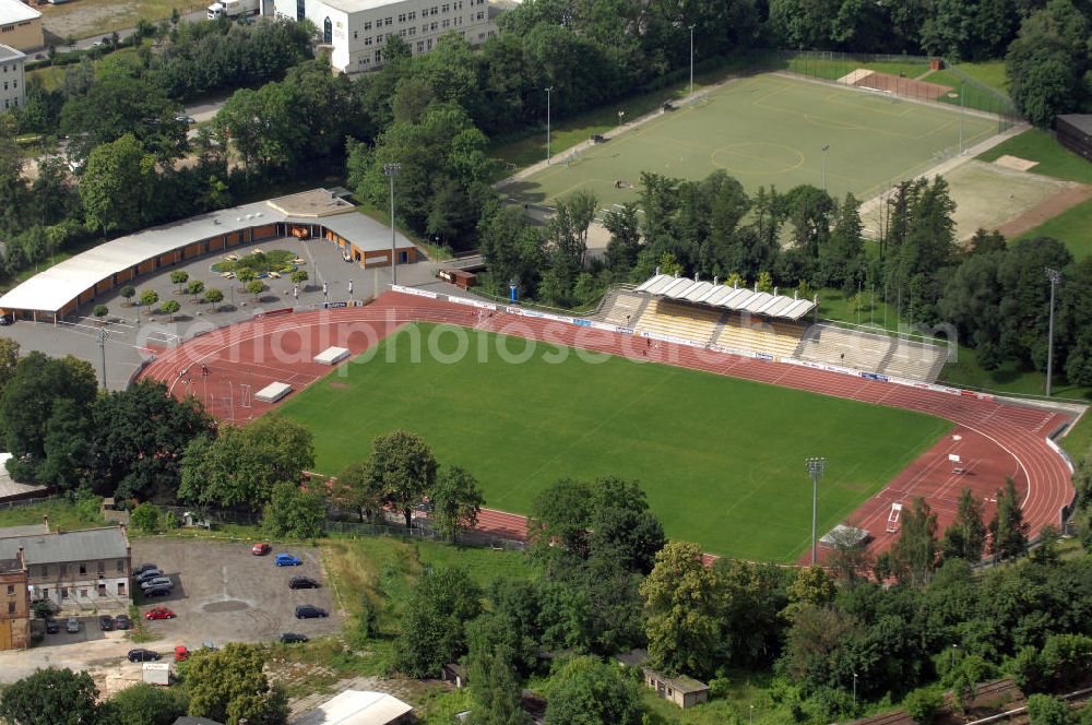 Bautzen from the bird's eye view: Blick auf das Stadion Müllerwiese des FSV Budissa Bautzen e.V. Kontakt: Stadion Müllerwiese, Humboldtstraße 10, 02625 Bautzen, Tel. 0 35 91 / 30 45 35.