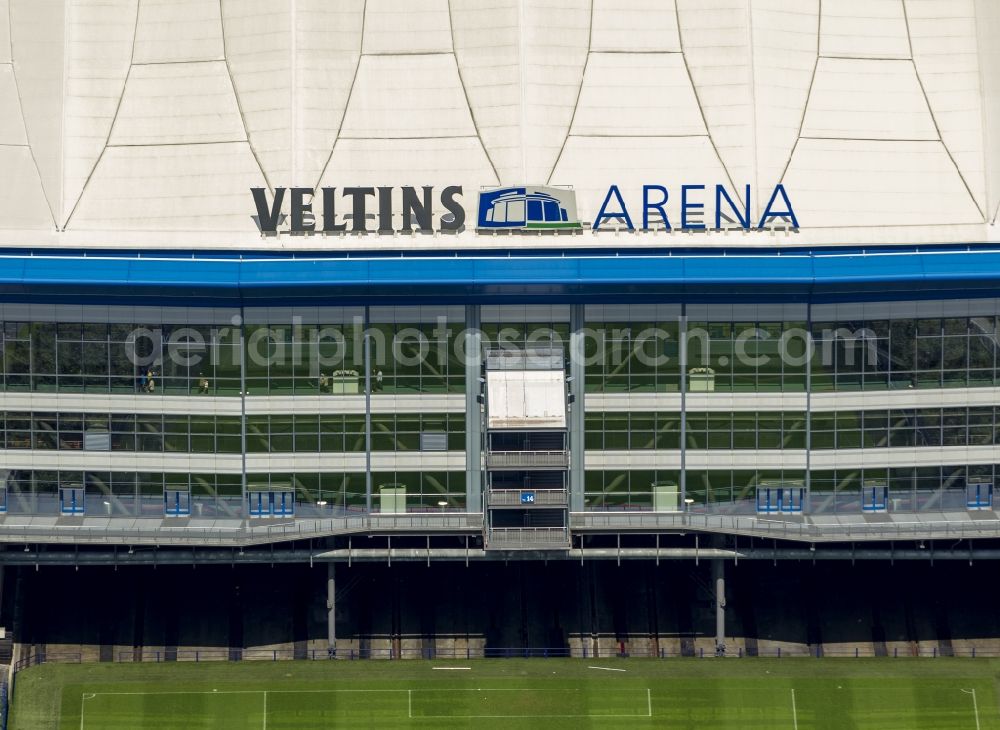 Gelsenkirchen from above - View the Veltins-Arena, the stadium of Bundesliga football team FC Schalke 04. The multifunctional arena also offers space for concerts and other sports events such as biathlon, ice hockey or boxing