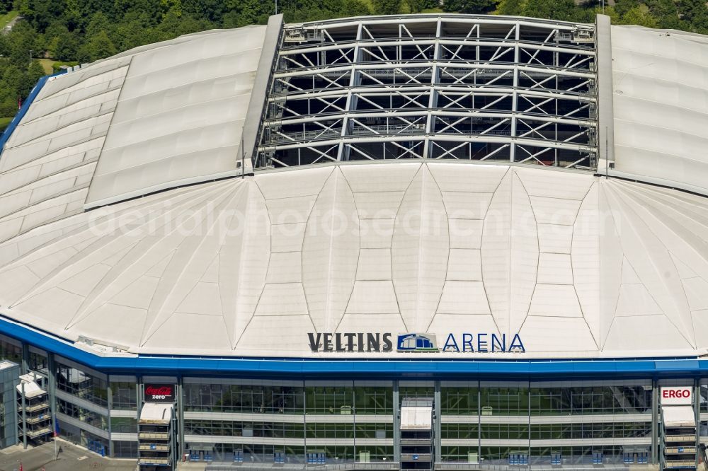 Gelsenkirchen from the bird's eye view: View the Veltins-Arena, the stadium of Bundesliga football team FC Schalke 04. The multifunctional arena also offers space for concerts and other sports events such as biathlon, ice hockey or boxing