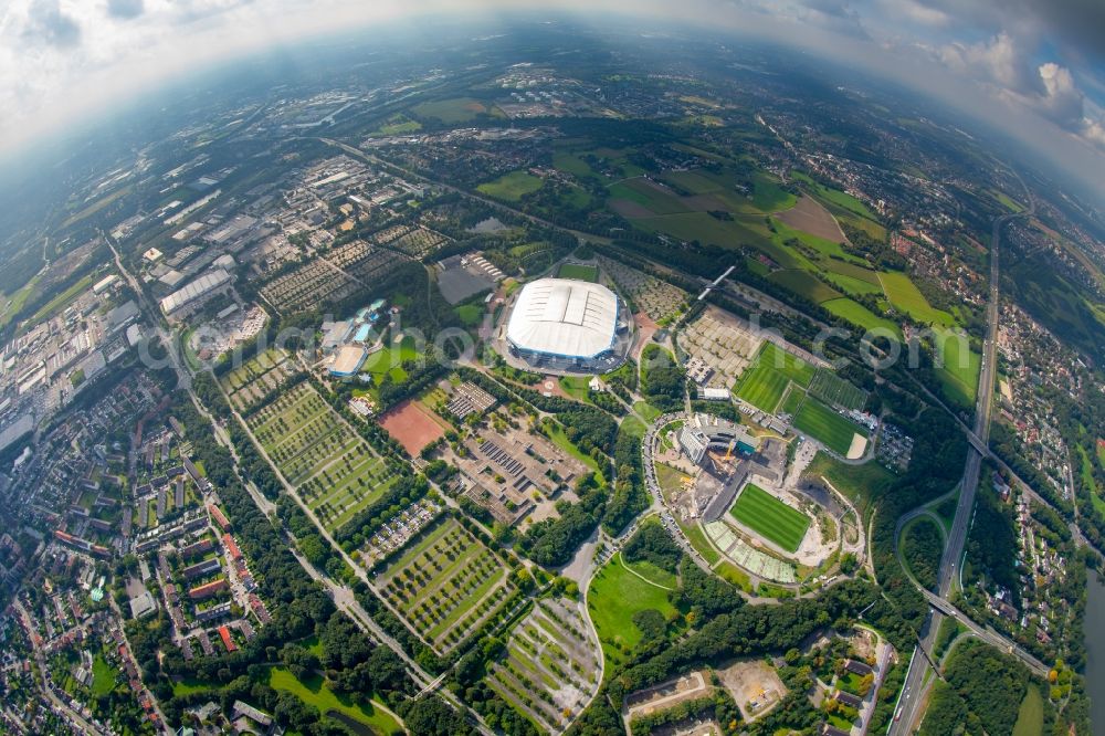 Gelsenkirchen from above - View the Veltins-Arena, the stadium of Bundesliga football team FC Schalke 04. The multifunctional arena also offers space for concerts and other sports events such as biathlon, ice hockey or boxing