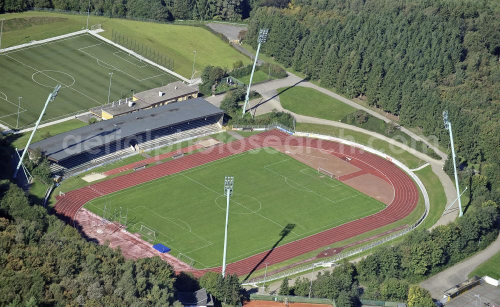 Lüdenscheid from above - Das Stadion Nattenberg in Lüdenscheid. Das kombinierte Fußball- und Leichtathletikstadion wurde 1972 errichtet und bietet Platz für 17.000 Zuschauer. The stadium Nattenberg in Ludenscheid. The combined football and athletics stadium was built in 1972 and has room for 17,000 spectators.