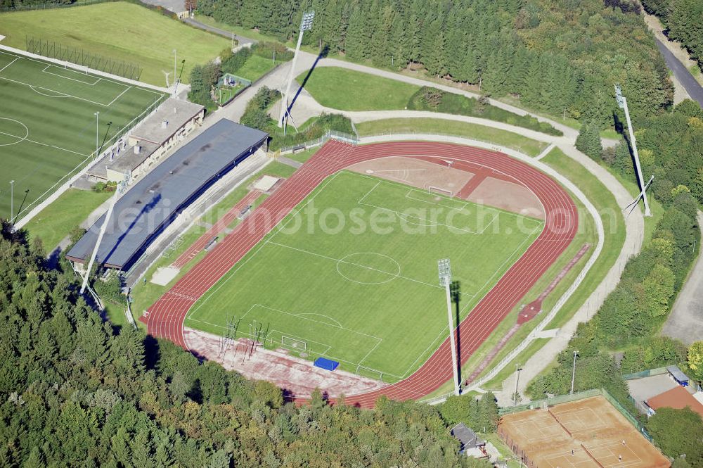 Lüdenscheid from the bird's eye view: Das Stadion Nattenberg in Lüdenscheid. Das kombinierte Fußball- und Leichtathletikstadion wurde 1972 errichtet und bietet Platz für 17.000 Zuschauer. The stadium Nattenberg in Ludenscheid. The combined football and athletics stadium was built in 1972 and has room for 17,000 spectators.