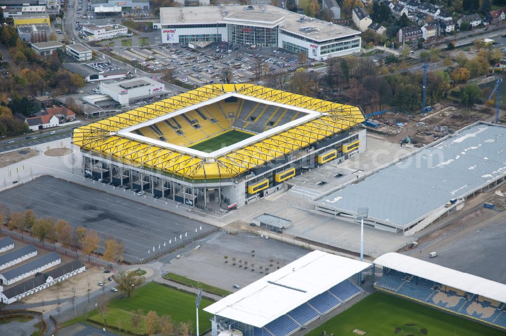 Aachen from above - Baustelle des Stadion des Fußballklubs Alemannia Aachen, dem Neuen Tivoli. Die Baustelle der WALTER HELLMICH GmbH bietet Platz für bis zu 33.000 Zuschauern und liegt im Sportpark Soers. Construction site of the stadium of the football club Alemannia Aachen, the new Tivoli.