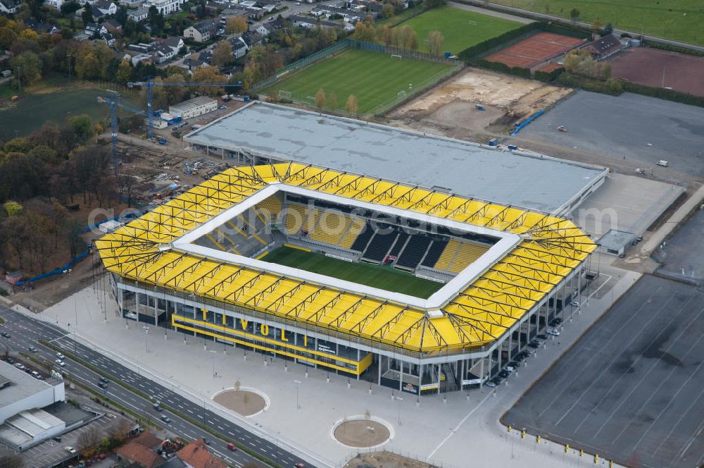 Aerial image Aachen - Baustelle des Stadion des Fußballklubs Alemannia Aachen, dem Neuen Tivoli. Die Baustelle der WALTER HELLMICH GmbH bietet Platz für bis zu 33.000 Zuschauern und liegt im Sportpark Soers. Construction site of the stadium of the football club Alemannia Aachen, the new Tivoli.