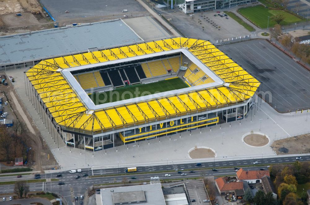 Aerial photograph Aachen - Baustelle des Stadion des Fußballklubs Alemannia Aachen, dem Neuen Tivoli. Die Baustelle der WALTER HELLMICH GmbH bietet Platz für bis zu 33.000 Zuschauern und liegt im Sportpark Soers. Construction site of the stadium of the football club Alemannia Aachen, the new Tivoli.