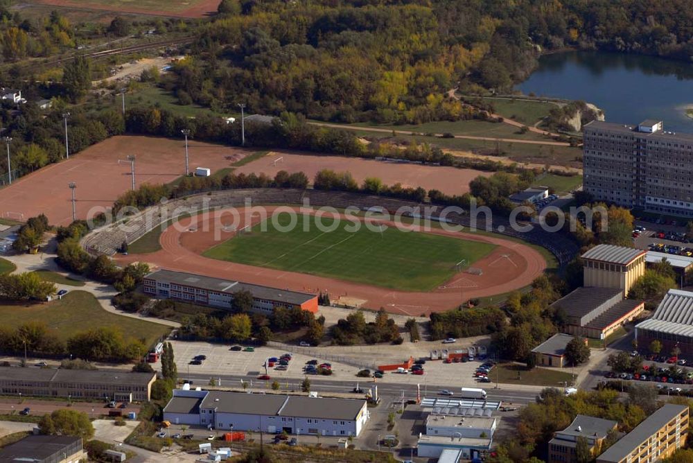 Aerial image Halle - Blick auf das Stadion Neustadt. Nietlebener Straße 14, 06126 Halle (Saale), Tel.: (03 45) 6 87 20 86