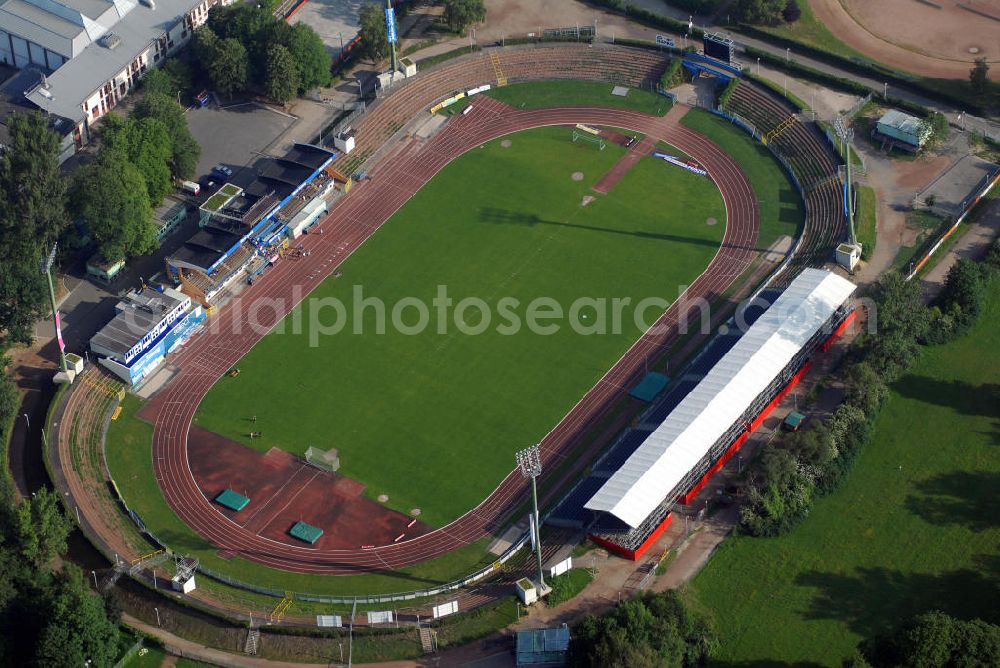 KOBLENZ from the bird's eye view: Stadion Oberwerth in Koblenz. Das 1936 erbaute Stadion ist Spielstätte des Koblenzer Fußballvereins TuS. Es wurde 2006 renoviert. Kontakt: TuS Koblenz 1911 e.V., Altlöhrtor 13-15, 56068 Koblenz, Tel.: +49 (0) 261/20 17 70-0, Fax: +49 (0) 261 /20 17 70-90, E-Mail: post@tuskoblenz.de,