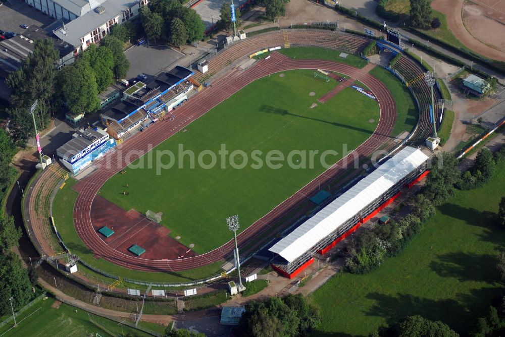 Aerial image KOBLENZ - Stadion Oberwerth in Koblenz. Das 1936 erbaute Stadion ist Spielstätte des Koblenzer Fußballvereins TuS. Es wurde 2006 renoviert. Kontakt: TuS Koblenz 1911 e.V., Altlöhrtor 13-15, 56068 Koblenz, Tel.: +49 (0) 261/20 17 70-0, Fax: +49 (0) 261 /20 17 70-90, E-Mail: post@tuskoblenz.de,