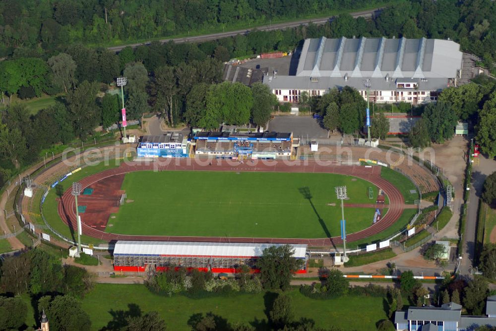 Aerial photograph KOBLENZ - Stadion Oberwerth in Koblenz. Das 1936 erbaute Stadion ist Spielstätte des Koblenzer Fußballvereins TuS. Es wurde 2006 renoviert. Kontakt: TuS Koblenz 1911 e.V., Altlöhrtor 13-15, 56068 Koblenz, Tel.: +49 (0) 261/20 17 70-0, Fax: +49 (0) 261 /20 17 70-90, E-Mail: post@tuskoblenz.de,