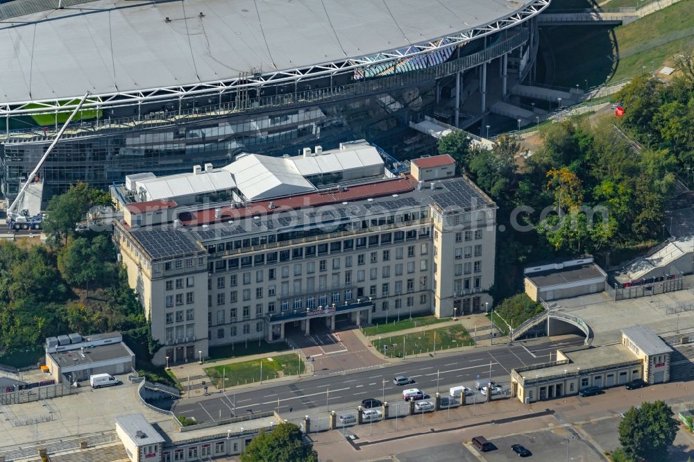 Aerial photograph Leipzig - Sports ground of the stadium Red Bull Arena Am Sportforum in Leipzig in the state Saxony, Germany