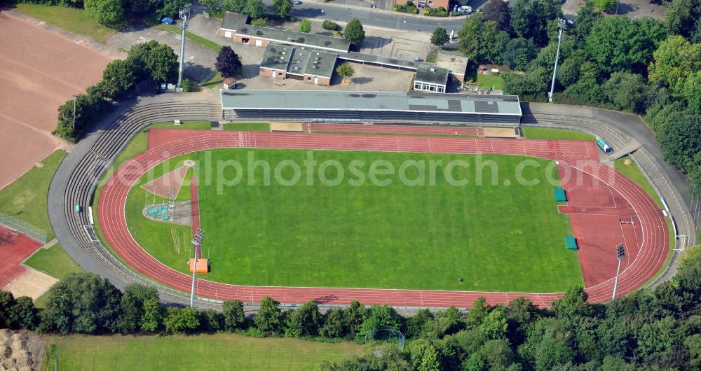 Aerial photograph Bielefeld - Das Stadion Rußheide ist ein Multifunktionsstadion mit Leichtathletikanlage in Bielefeld in Niedersachsen. Es ist die Heimspielstätte des Fußballvereins VfB Fichte Bielefeld und der American Football-Mannschaft Bielefeld Bulldogs. The Stadium Rußheide in Lower Saxony.