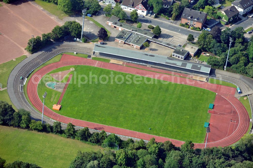 Bielefeld from the bird's eye view: Das Stadion Rußheide ist ein Multifunktionsstadion mit Leichtathletikanlage in Bielefeld in Niedersachsen. Es ist die Heimspielstätte des Fußballvereins VfB Fichte Bielefeld und der American Football-Mannschaft Bielefeld Bulldogs. The Stadium Rußheide in Lower Saxony.