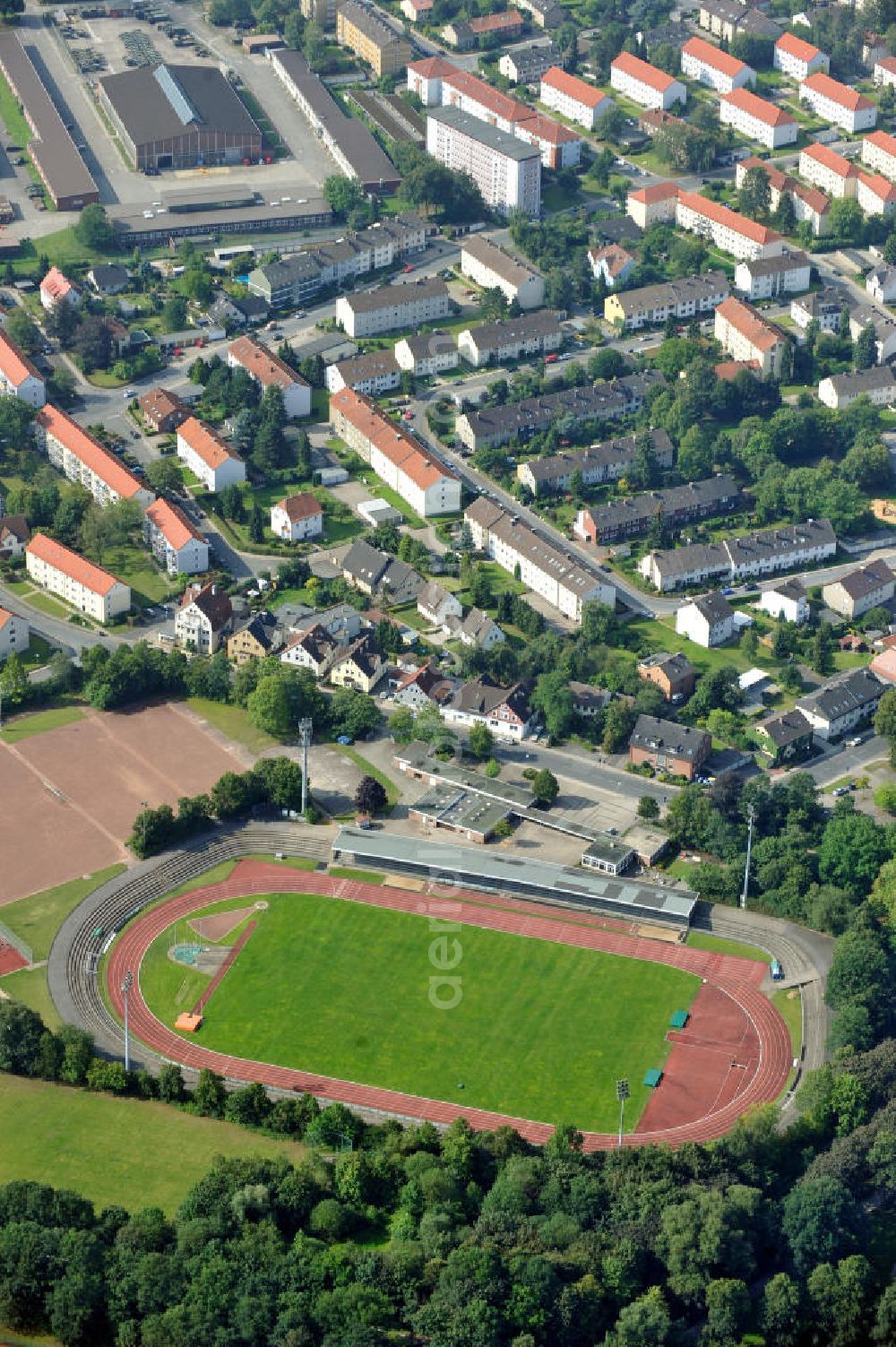 Aerial image Bielefeld - Das Stadion Rußheide ist ein Multifunktionsstadion mit Leichtathletikanlage in Bielefeld in Niedersachsen. Es ist die Heimspielstätte des Fußballvereins VfB Fichte Bielefeld und der American Football-Mannschaft Bielefeld Bulldogs. The Stadium Rußheide in Lower Saxony.