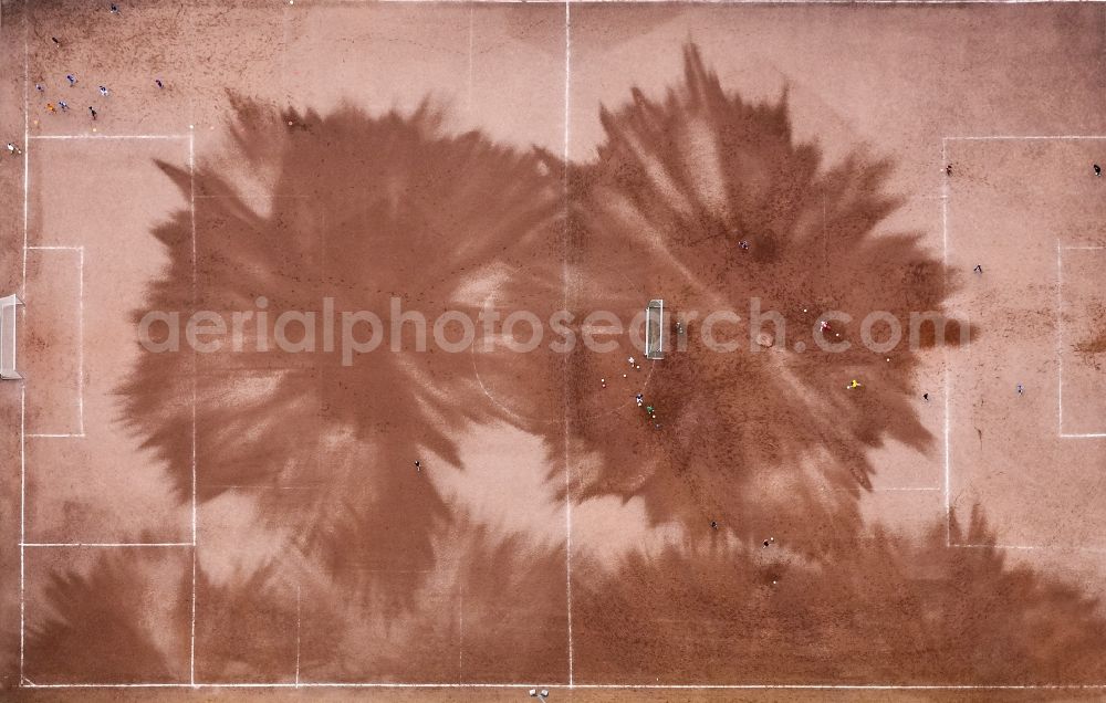 Aerial photograph Herne - Stadium at the Schadeburg with pattern on the field after the washing of the ash football field in Herne in the Ruhr area in North Rhine-Westphalia