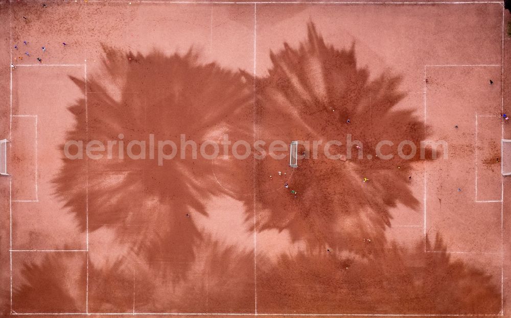 Herne from the bird's eye view: Stadium at the Schadeburg with pattern on the field after the washing of the ash football field in Herne in the Ruhr area in North Rhine-Westphalia