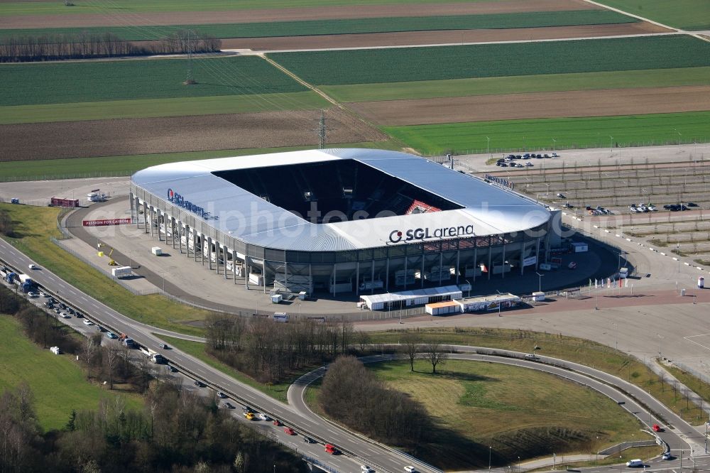 Augsburg from above - SGL Arena stadium of the football club FC Augsburg in Bavaria