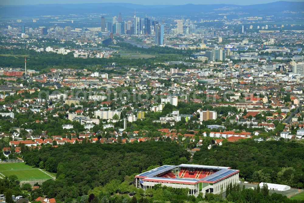 Aerial photograph Offenbach - View of the Sparda-Bank-Hessen stadium in Offenbach in Hesse. The soccer stadium, in which the soccer club Kickers Offenbach plays its home games, was rebuilt after the demolition of the stadium Bieberer Berg at the same location with a higher capacity of 20,500 seats. Under the leadership of the newly formed stadium company Bieberer Berg (SBB), the stadium was built in February 2011 and celebrated its opening in July 2012