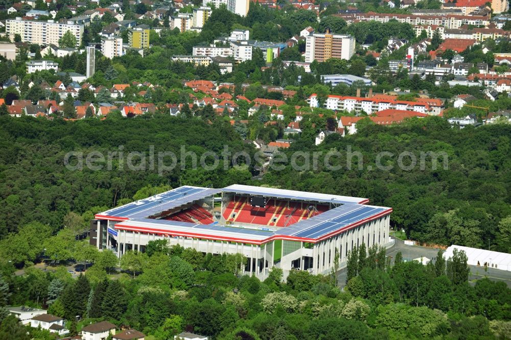 Offenbach from above - View of the Sparda-Bank-Hessen stadium in Offenbach in Hesse. The soccer stadium, in which the soccer club Kickers Offenbach plays its home games, was rebuilt after the demolition of the stadium Bieberer Berg at the same location with a higher capacity of 20,500 seats. Under the leadership of the newly formed stadium company Bieberer Berg (SBB), the stadium was built in February 2011 and celebrated its opening in July 2012