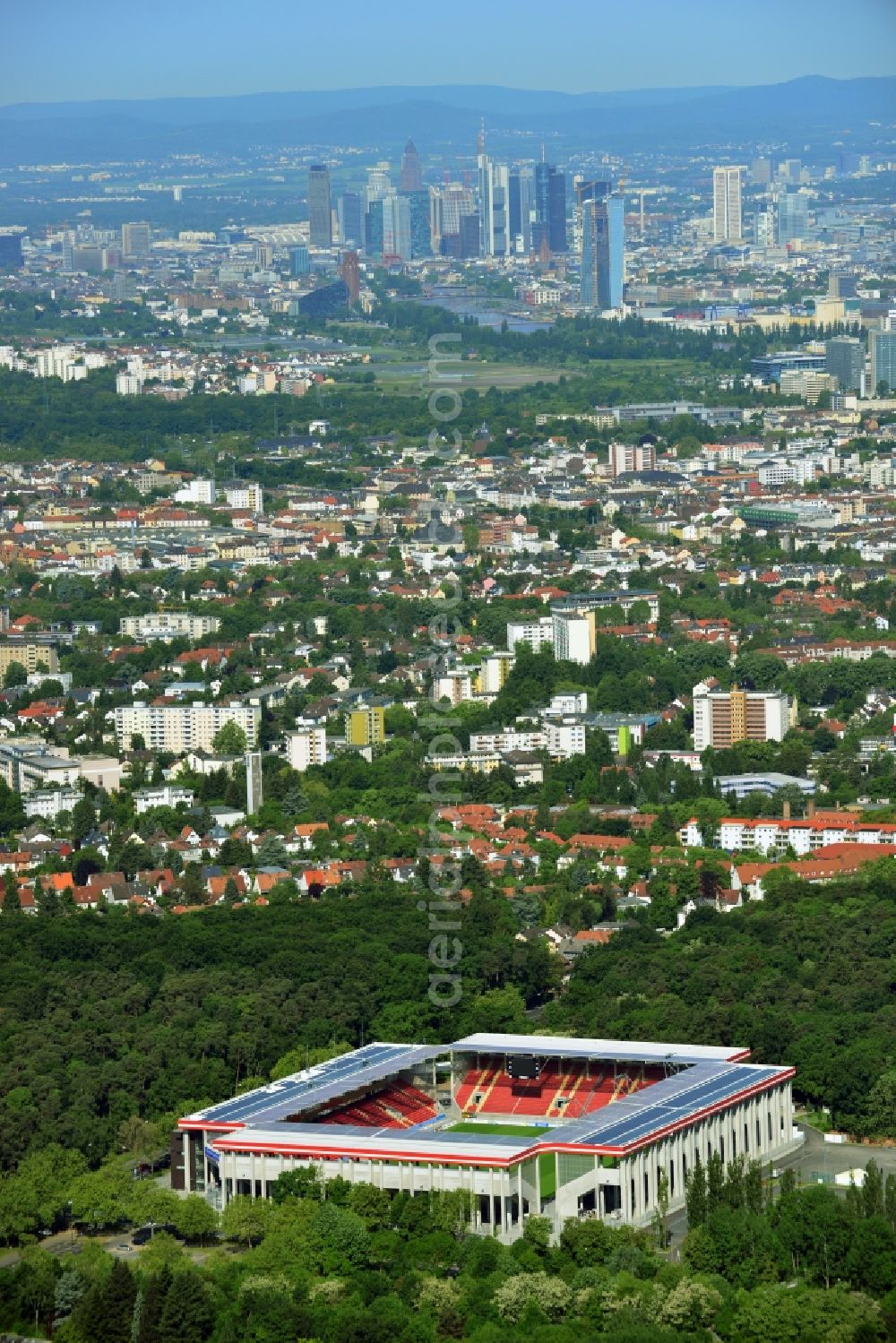 Aerial image Offenbach - View of the Sparda-Bank-Hessen stadium in Offenbach in Hesse. The soccer stadium, in which the soccer club Kickers Offenbach plays its home games, was rebuilt after the demolition of the stadium Bieberer Berg at the same location with a higher capacity of 20,500 seats. Under the leadership of the newly formed stadium company Bieberer Berg (SBB), the stadium was built in February 2011 and celebrated its opening in July 2012