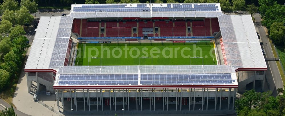 Offenbach am Main from above - Arena of the Stadium Sparda Bank Hessen Stadium in Offenbach in Hesse. The football stadium where the football club Kickers Offenbach is of the stadium company Bieberer Berg (SBB) entertained