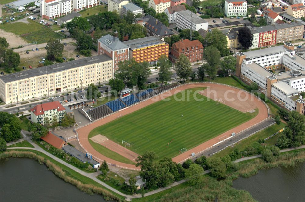 Aerial image Stralsund - Blick auf das Stadion der Freundschaft an der Straße Frankendamm in Stralsund - Mecklenburg-Vorpommern MV. View of the Stadium at the Frankendamm in Stralsund - Mecklenburg-Western Pomerania.