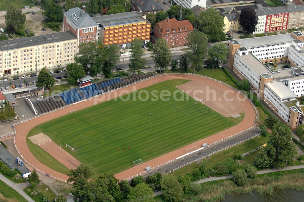 Aerial photograph Stralsund - Blick auf das Stadion der Freundschaft an der Straße Frankendamm in Stralsund - Mecklenburg-Vorpommern MV. View of the Stadium at the Frankendamm in Stralsund - Mecklenburg-Western Pomerania.