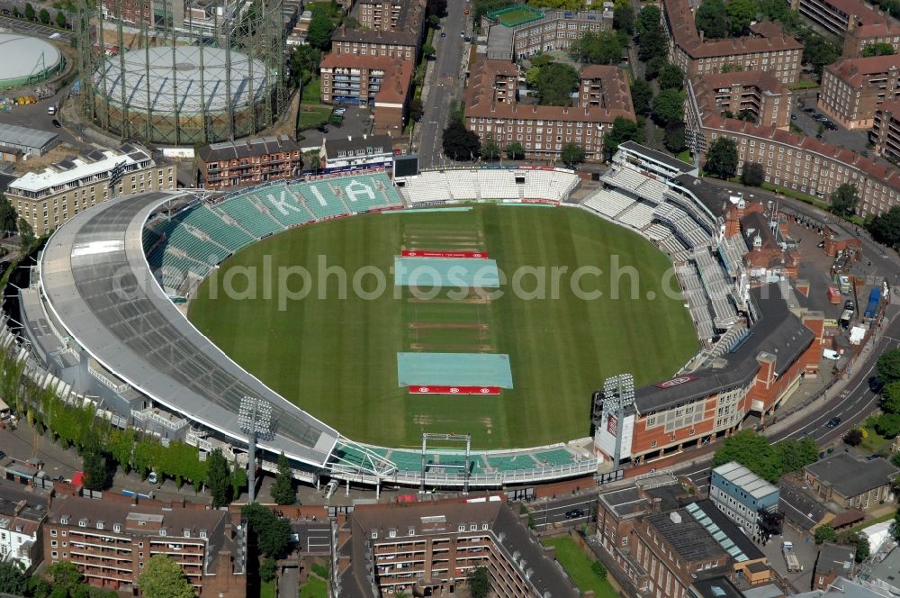 London from the bird's eye view: The Kia Oval Stadium is an international cricket ground in Kennington and the home ground of Surrey County Cricket Club of England, Great Britain