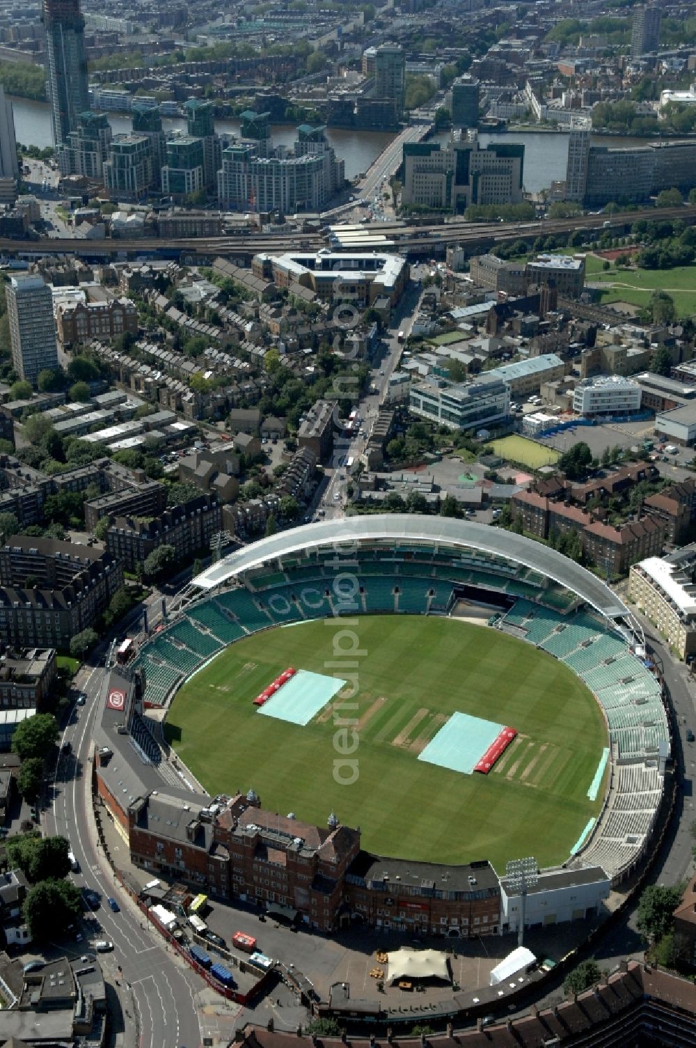 Aerial photograph London - The Kia Oval Stadium is an international cricket ground in Kennington and the home ground of Surrey County Cricket Club of England, Great Britain