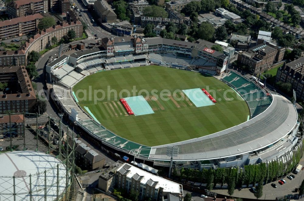 London from the bird's eye view: The Kia Oval Stadium is an international cricket ground in Kennington and the home ground of Surrey County Cricket Club of England, Great Britain