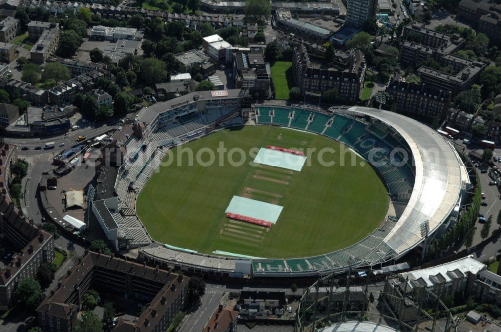 London from the bird's eye view: The Kia Oval Stadium is an international cricket ground in Kennington and the home ground of Surrey County Cricket Club of England, Great Britain