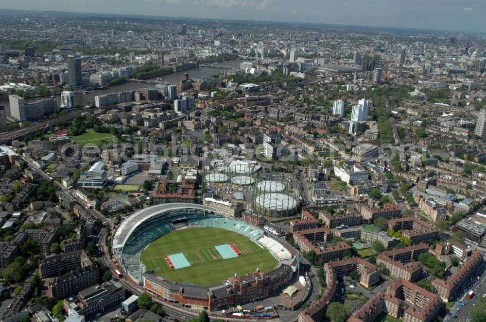 London from the bird's eye view: The Kia Oval Stadium is an international cricket ground in Kennington and the home ground of Surrey County Cricket Club of England, Great Britain