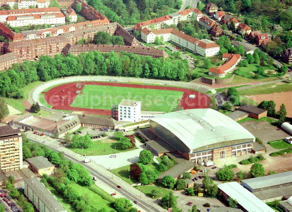 Schwerin from above - Stadion und Stadthalle Schwerin SCHWERIN 10.Mai 2002