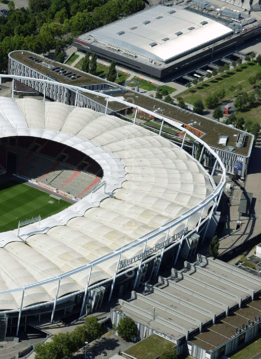 Stuttgart from the bird's eye view: Sports facility grounds of the Arena stadium in Stuttgart in the state Baden-Wuerttemberg