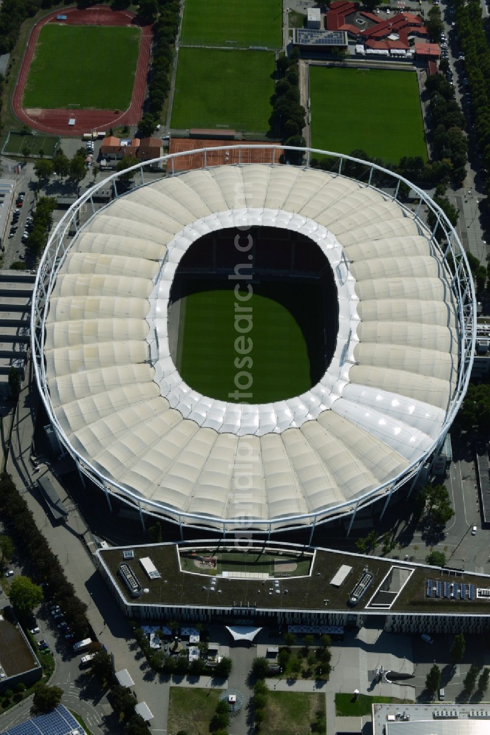 Aerial photograph Stuttgart - Sports facility grounds of the Arena stadium in Stuttgart in the state Baden-Wuerttemberg