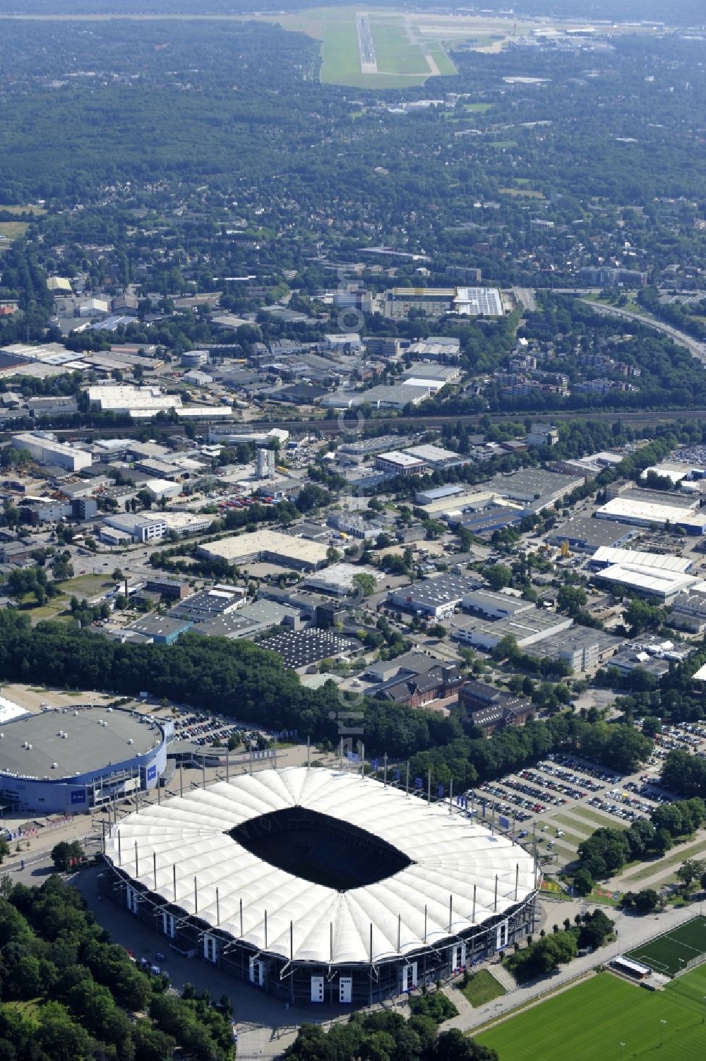 Aerial image Hamburg - The stadium Volksparkstadion is the home ground of German Bundesliga club HSV