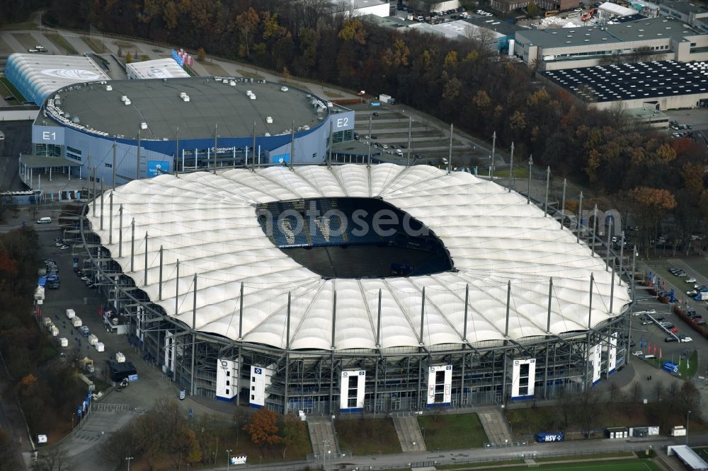 Hamburg from the bird's eye view: The stadium Volksparkstadion is the home ground of German Bundesliga club HSV