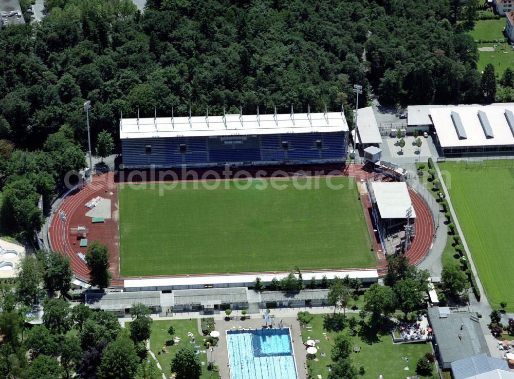 Aerial image BURGHAUSEN - Blick auf die Wacker-Arena. Seit dem Umbau 2002 trägt das Stadion des SV Wacker Burghausen (3.Liga) seinen Namen. Sie umfasst 3350 überdachte Sitzplätze sowie 6650 Stehplätze. Kontakt: SV WACKER BURGHAUSEN E.V., Elisabethstraße 1, 84489 Burghausen, Tel. +49(0)8677 837100, Fax +49(0)8677 61846, E-Mail: info@sv-wacker.de;