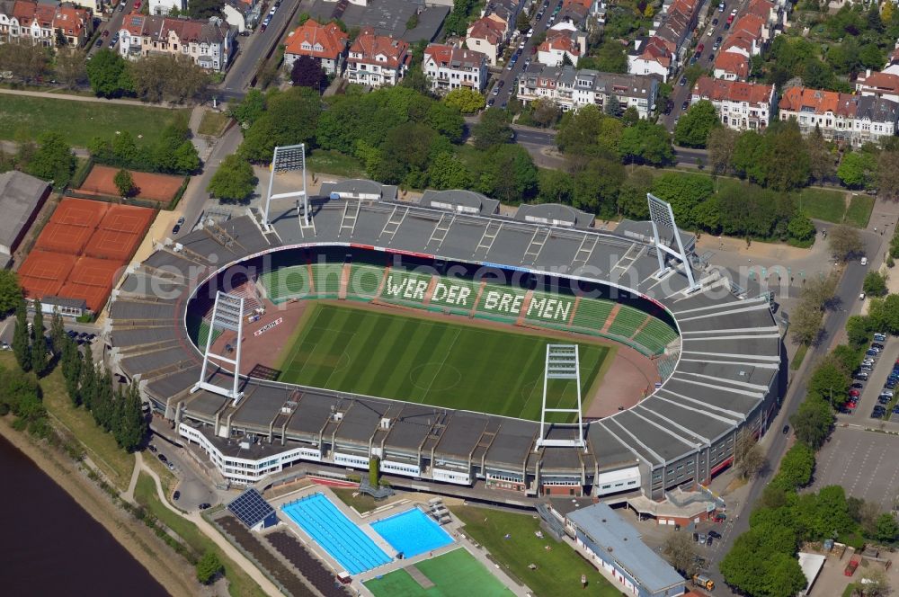 Aerial photograph Bremen - Das Weserstadion in Bremen - das Stadion des Fußball-Bundesligisten Werder Bremen.// The Weser Stadium in Bremen, the stadium of the Bundesliga club Werder Bremen.