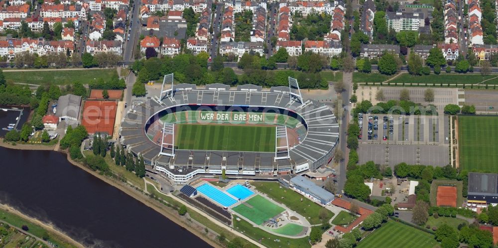 Bremen from the bird's eye view: Das Weserstadion in Bremen - das Stadion des Fußball-Bundesligisten Werder Bremen.// The Weser Stadium in Bremen, the stadium of the Bundesliga club Werder Bremen.