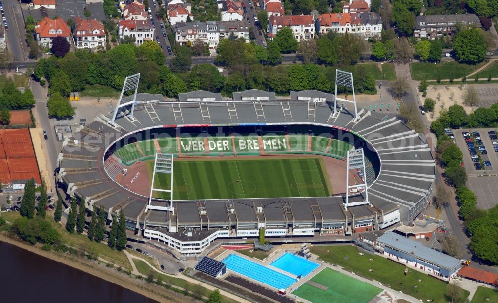 Aerial image Bremen - Das Weserstadion in Bremen - das Stadion des Fußball-Bundesligisten Werder Bremen.// The Weser Stadium in Bremen, the stadium of the Bundesliga club Werder Bremen.