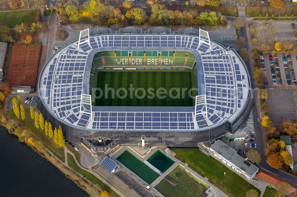 Bremen from the bird's eye view: The Weser Stadium in Bremen, the stadium of the Bundesliga club Werder Bremen