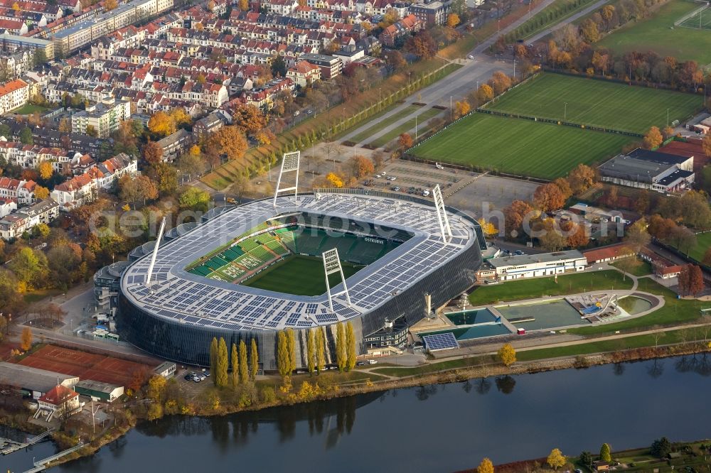 Bremen from the bird's eye view: The Weser Stadium in Bremen, the stadium of the Bundesliga club Werder Bremen