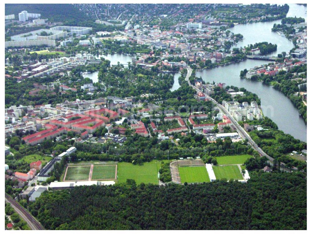 Aerial image Berlin - Blick auf das Stadion an der Wuhlheide - Sitz des 1. FC UNION in Berlin - Köpenick. Am Eichengestell 161, 12459 Berlin (Treptow-Köpenick) Telefon: (030) 5 35 50 60