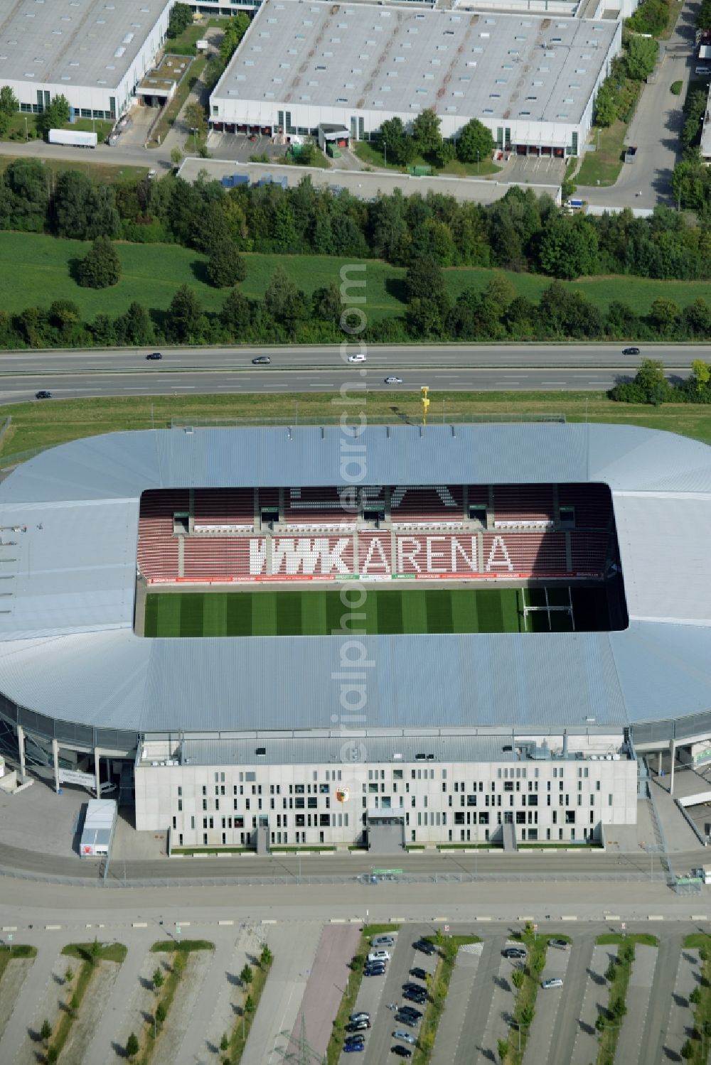 Augsburg from the bird's eye view: WWK formerly SGL Arena stadium of the football club FC Augsburg in Bavaria, Germany